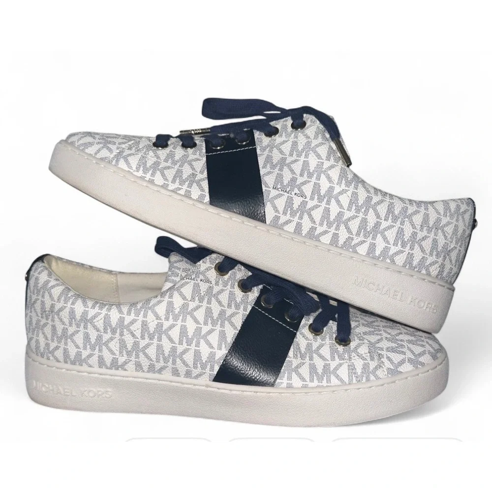 Michael‎ Kors Women's MK Signature Logo Low Top Sneakers White Navy Size 9.5